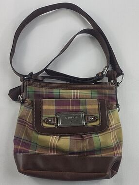 Chaps Earth Tone Plaid Shoulder Purse Faux Leather Accent